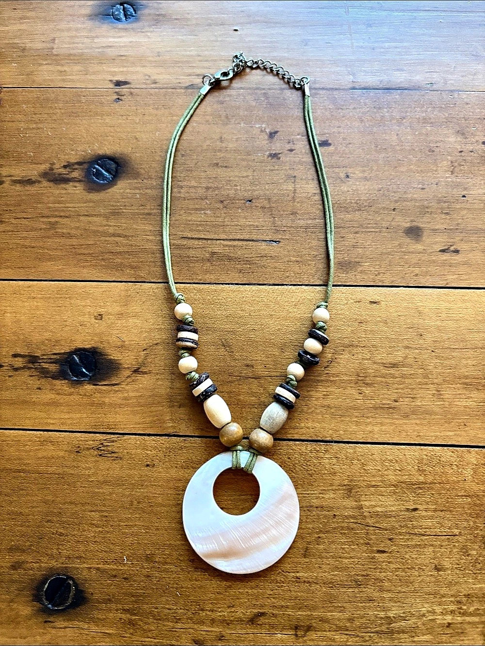 Boho Style Wood Bead & Mother of Pearl Circular Pendant
